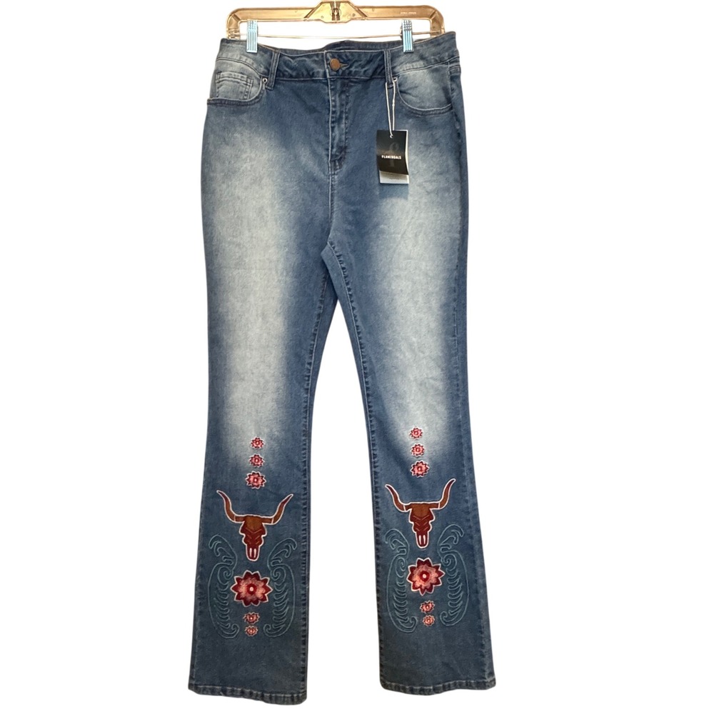 Longhorn Western Floral Flamingals Jeans 2XL‎ NWT Embroidered Bull Skull Stretch